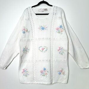 Vintage Cottagecore Hand Embroidered Pastel Floral Pearl Cable Knit Sweater